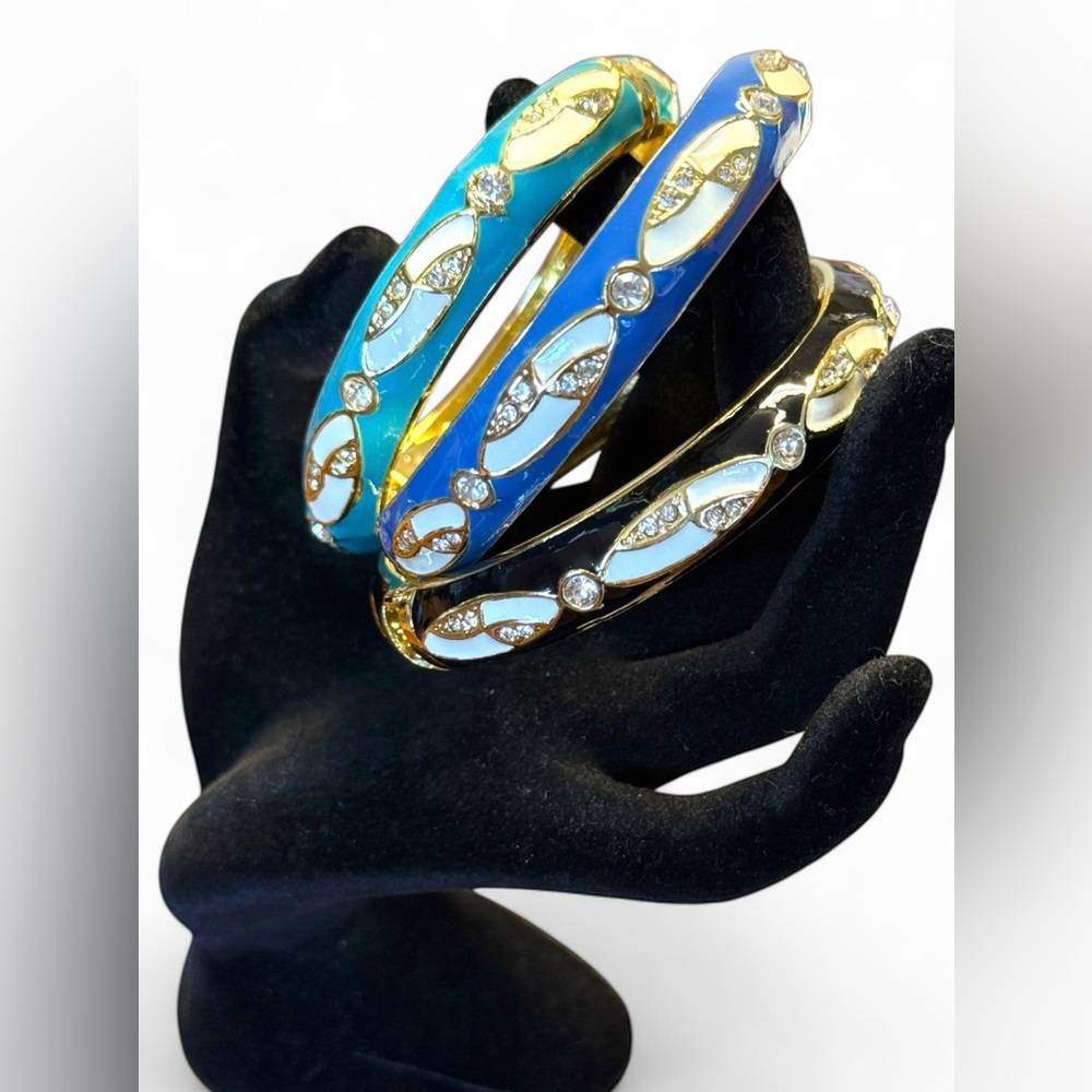 Gold Plated Black & Blue enamel Bangle Set-3pc - Picture 4 of 6
